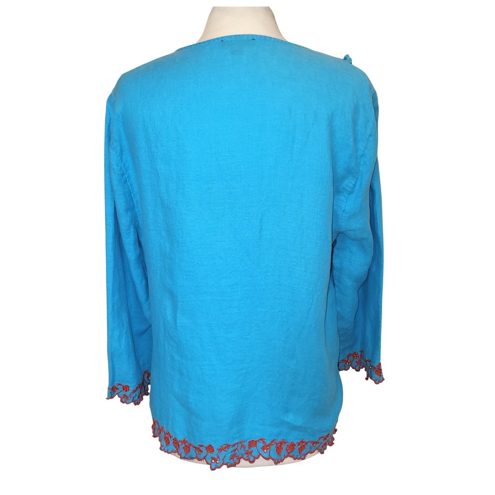 J. Crew Aqua Blue Red Embroidered 100% Linen Boho Peasant Hippie Tunic Blouse XL - Picture 5 of 10
